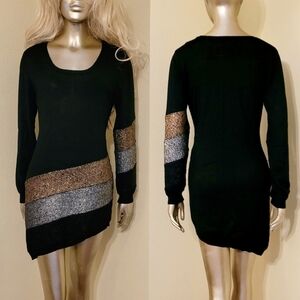 NWOT Black Asymmetrical Metallic Colorblock Sweater Dress/Tunic Top Sz Medium